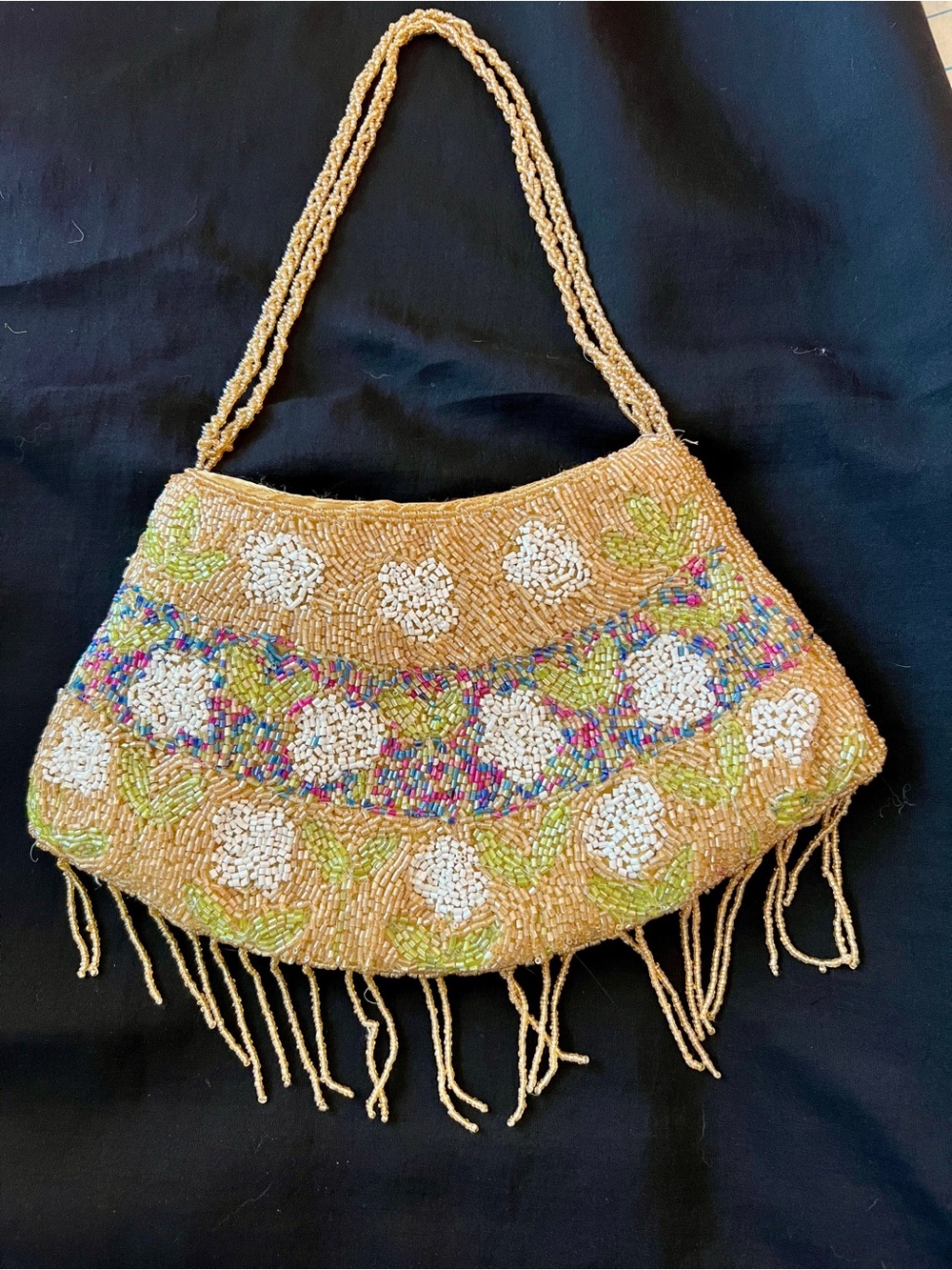 Vintage Beaded Handbag Floral Gold Purse Fringe Evening Bag Boho Cottagecore